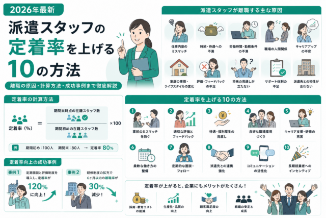 【2026年最新】派遣スタッフの定着率を上げる10の方法|離職の原因・計算方法・成功事例まで徹底解説 | ヒアリングDXブログ